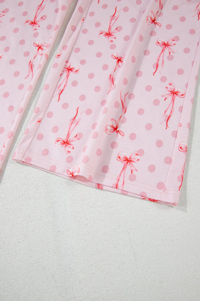 Pink Bow Knot Polka Dot Print Short Sleeve Top Lounge Set - Love Salve